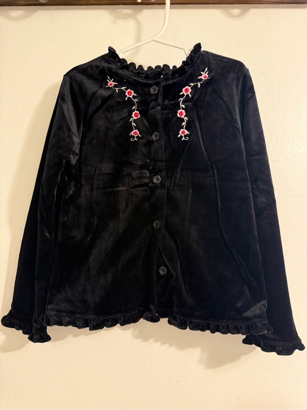 Vintage Girls' Black Velvet Button-Down Top with Pink Floral Embroidery